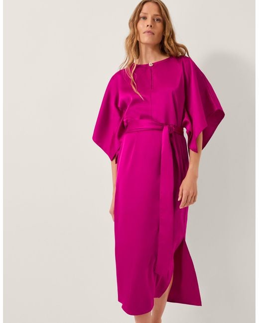 Monsoon Pink Kara Kimono Satin Midi Dress