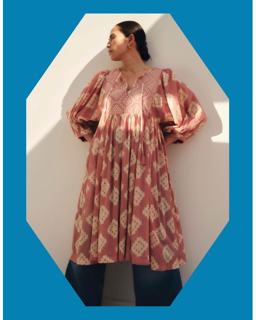 Monsoon Blue East Kaira Geometric Midi Smock Dress Pink