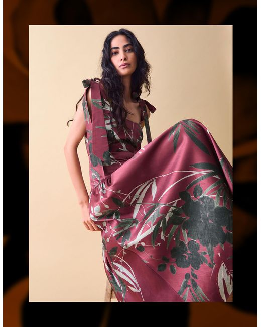 Monsoon Black Clemence Women's Red & Green Floral Print Lian Drop Waist Midi Dress, Size: 16