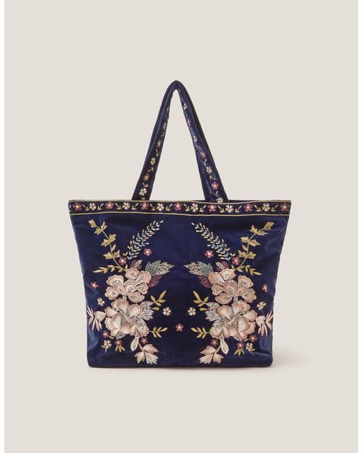 Monsoon Blue Fallon Floral Embroidered Velvet Tote Bag