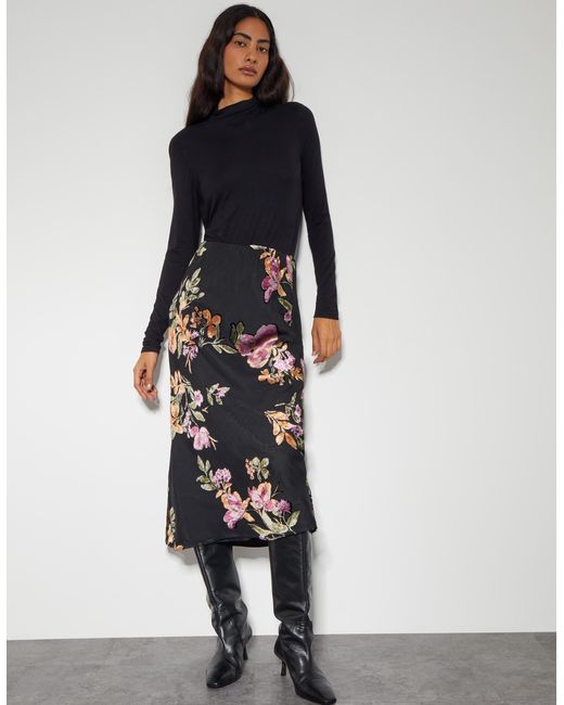Monsoon White Ariella Floral Devore Midi Skirt Black