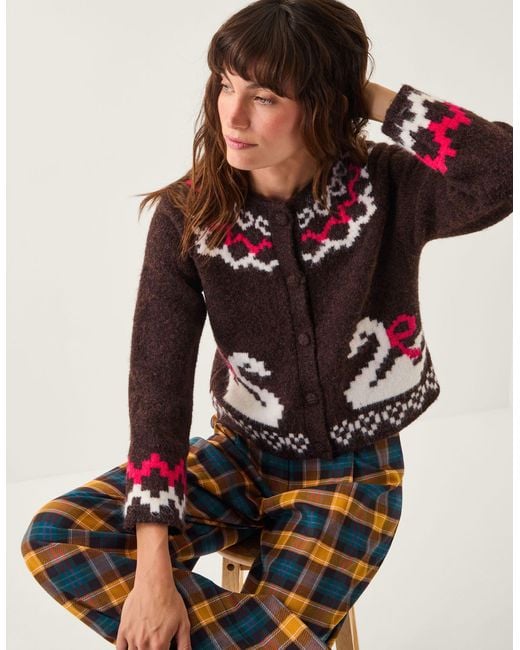 Monsoon X Sarah Corbett-winder Swan Fair Isle Cardigan Brown