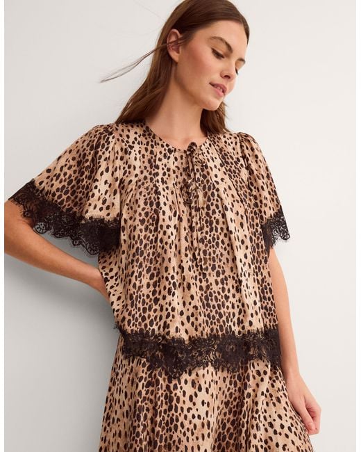 Monsoon Babette Leopard Print Lace Top Brown