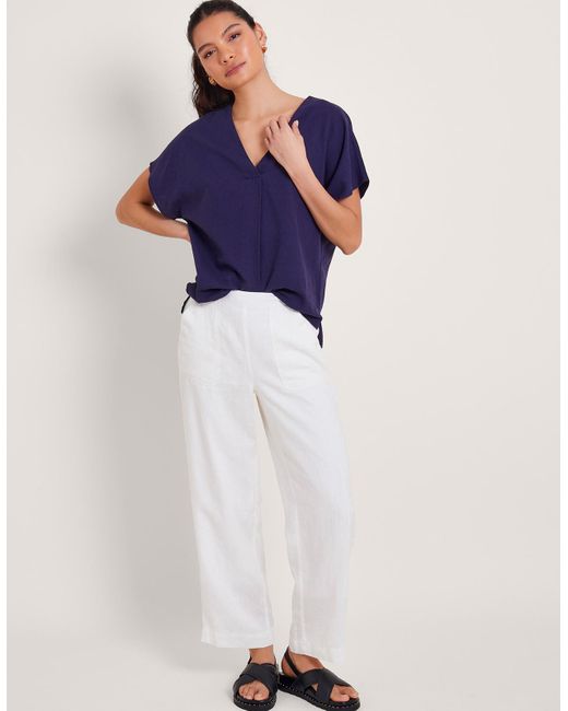 Monsoon Blue Parker Short-length Linen Trousers White