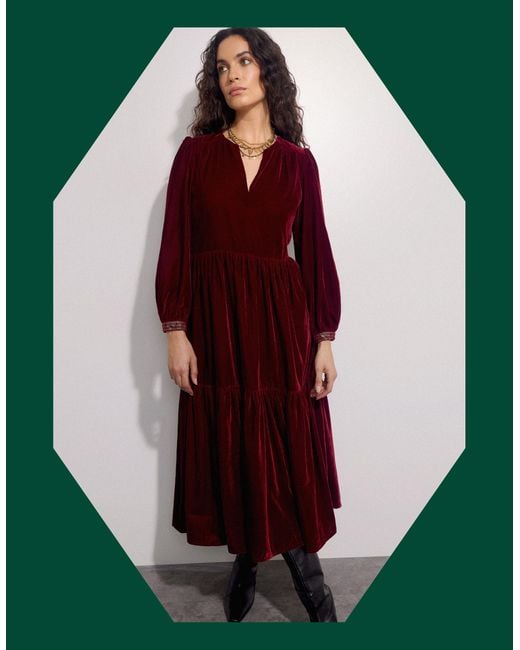 Monsoon Purple East Velvet Tiered Dress Red