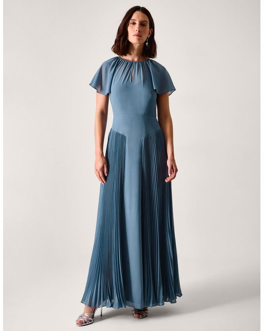 Monsoon Women's Dark Blue Pleated Madison Flutter Sleeve Bridesmaid Dress, Size: 18