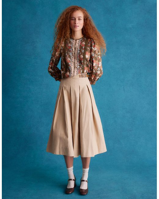 Monsoon Poppy Buckle Pleated Midi Skirt Natural