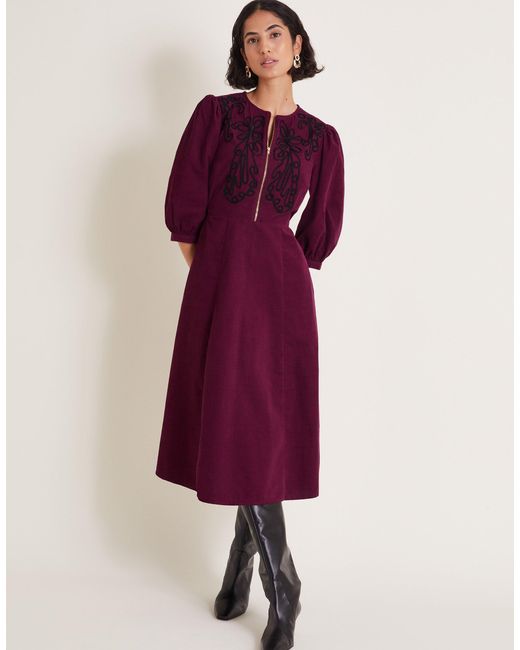 Monsoon Purple Kaia Embroidered Corduroy Midi Dress Red