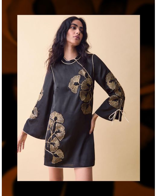 Monsoon Clemence Women's Black & Gold Floral Embellished Alise Mini Dress, Size: 8
