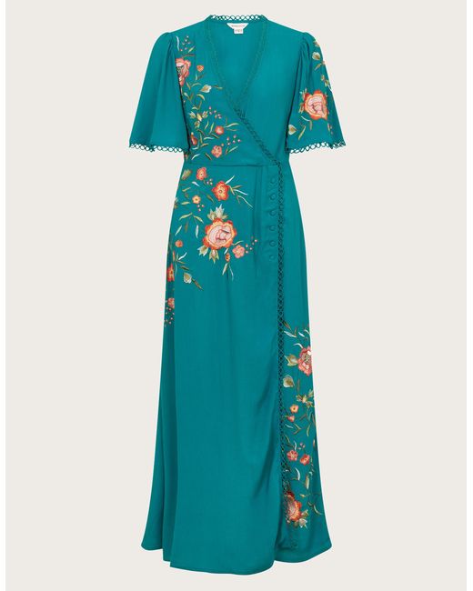 Monsoon Blue Maya Floral Embroidered Midi Dress Teal