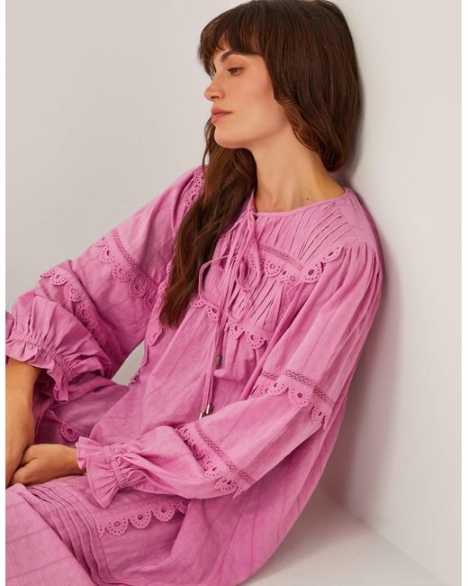 Monsoon Pink Cosima Pintuck Broderie Mini Dress Purple