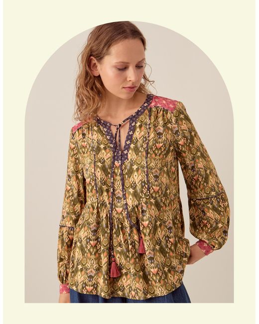 Monsoon Natural East Kiku Ikat Print Blouse Green
