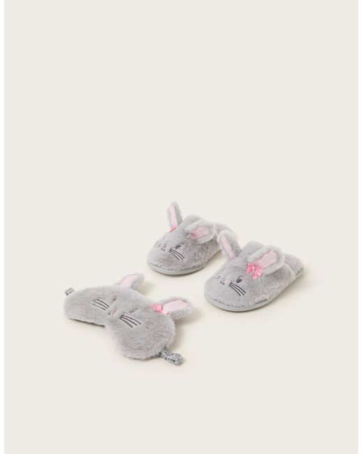 Monsoon Natural Fluffy Bunny Slippers And Mask Set Grey