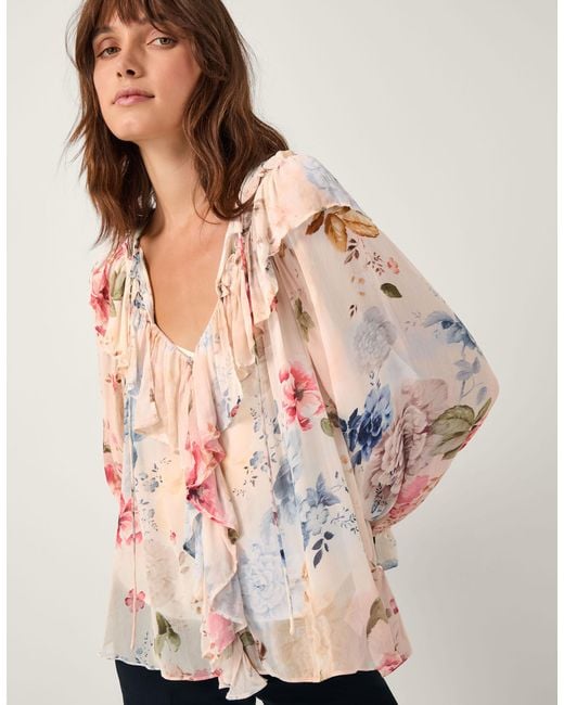 Monsoon Natural Sasha Floral Ruffle Blouse