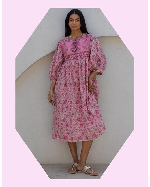 Monsoon Dilli Grey Fara Floral Block Print Midi Dress Pink