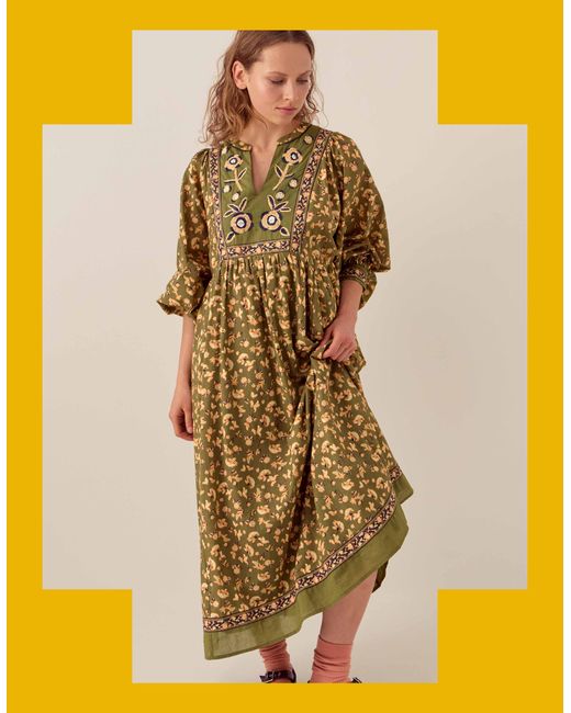 Monsoon Yellow East Darney Embroidered Floral Midi Dress Green