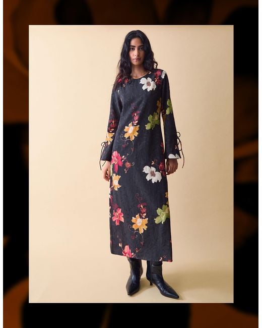 Monsoon Blue Clemence Women's Black & Pink Cotton Floral Print Camille Jacquard Midi Dress, Size: S