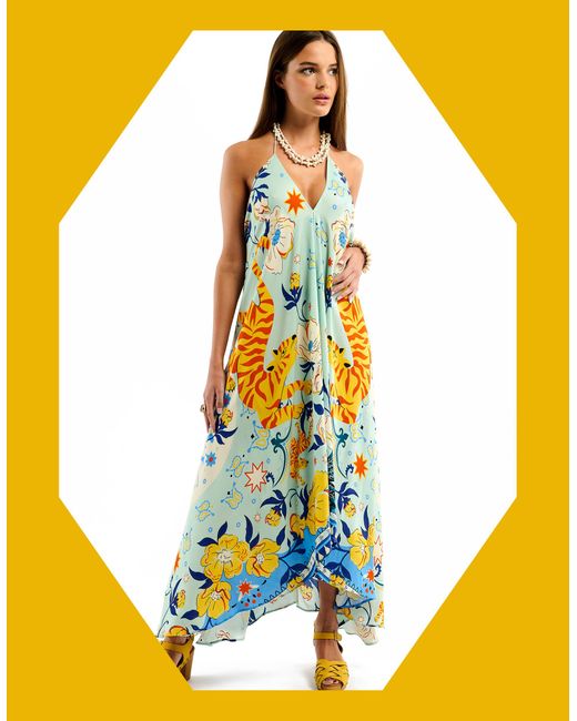 Monsoon White Wild Voila Tiger Print Backless Maxi Dress Blue
