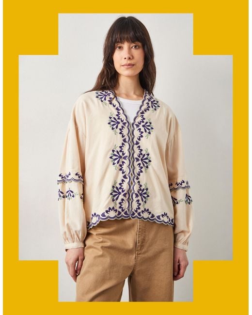 Monsoon White East Cresta Long Sleeve Embroidered Blouse Ivory