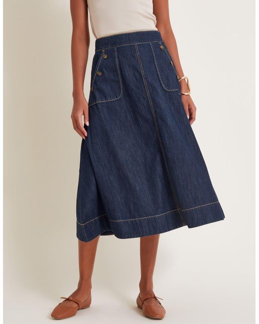 Monsoon Harper A-line Denim Midi Skirt Blue