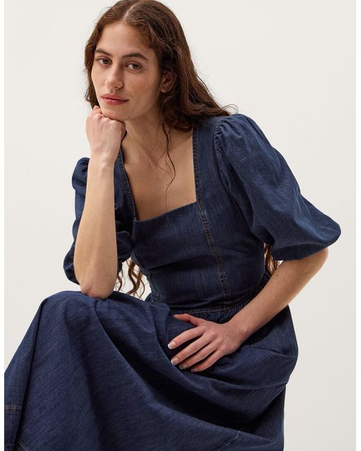 Monsoon Lily Square Neck Denim Midi Dress Blue