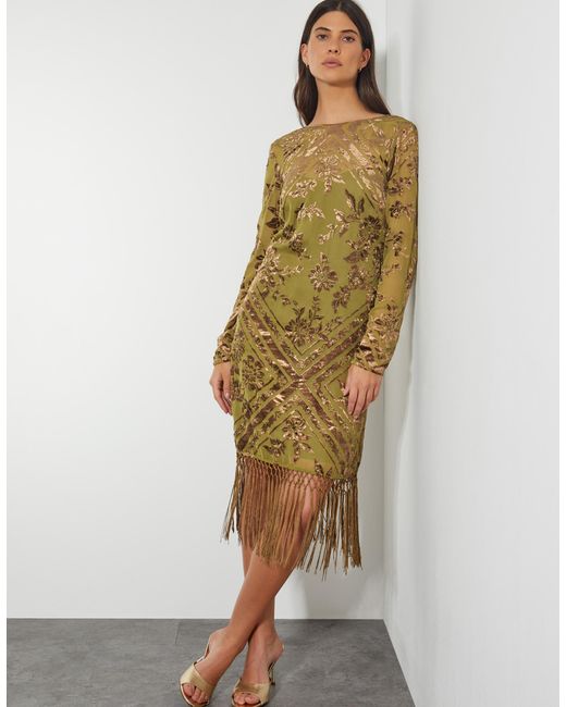 Monsoon Metallic Darcy Devore Fringe Dress Yellow