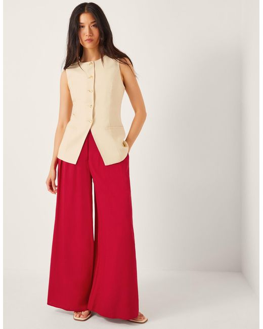 Monsoon Diane Wide Leg Linen Blend Trousers Red