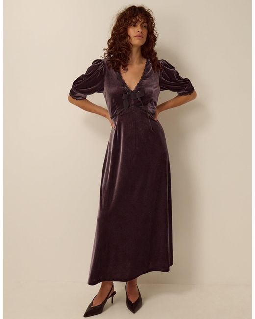 Monsoon Natural Vera V-neck Velvet Midi Dress Brown