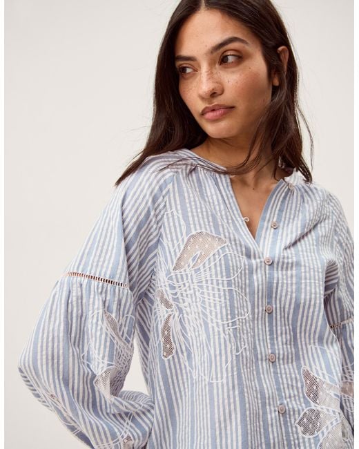 Monsoon Maia Embroidered Stripe Blouse Blue