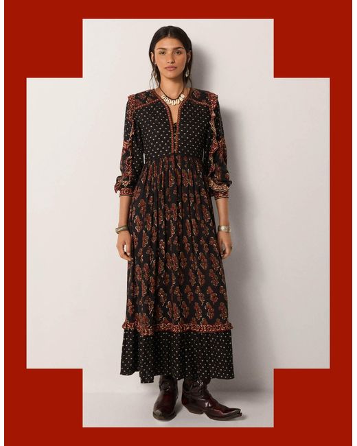 Monsoon White Maison Hotel Women's Black & Red Mix Print Lily Midi Dress, Size: L