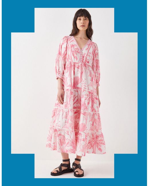 Monsoon White East Nanda Tropical Print Midi Dress Pink