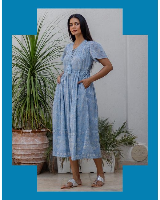 Monsoon Dilli Grey Fifi Floral Print Shimmer Midi Dress Blue
