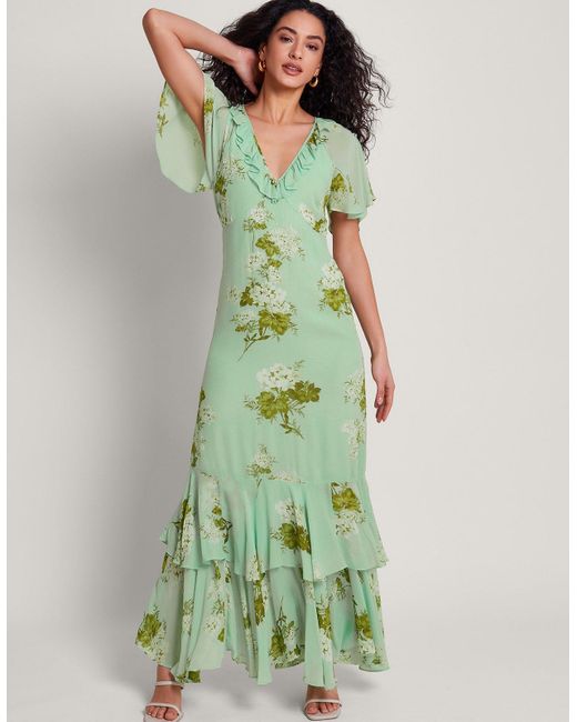 Monsoon Green Rowena Floral Print Ruffle Detail Maxi Dress