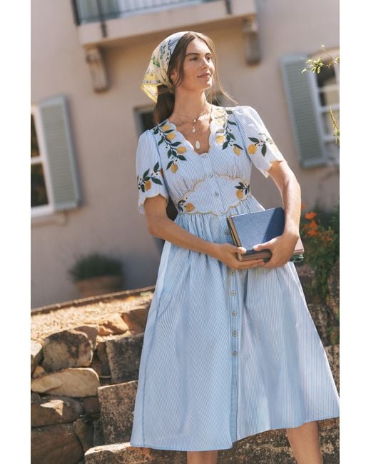 Monsoon Blue Marisol Lemon Stripe Midi Dress