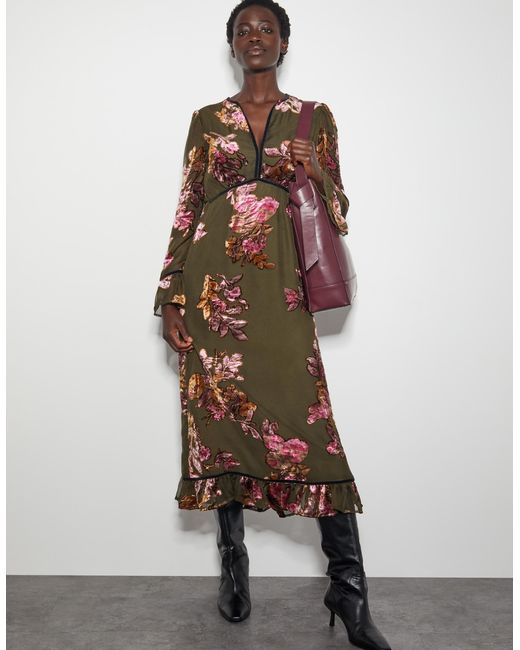 Monsoon Brown Lucille Devore Floral Midi Dress Green