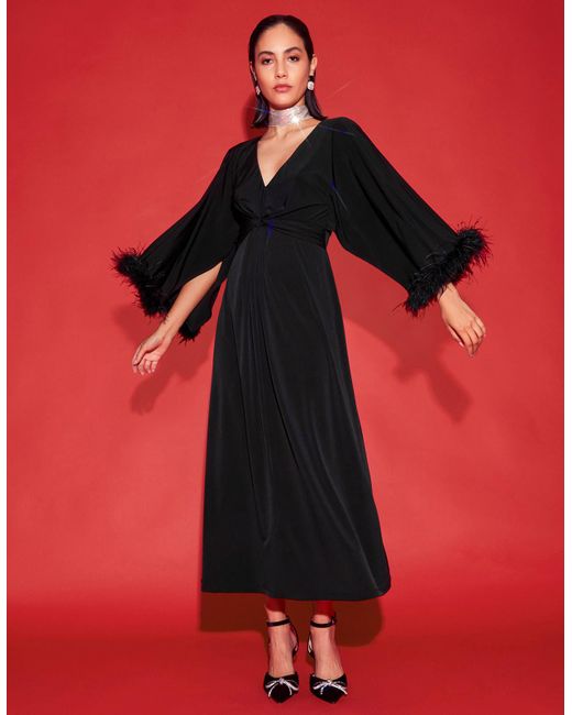 Monsoon Red Pip Feather Maxi Dress Black