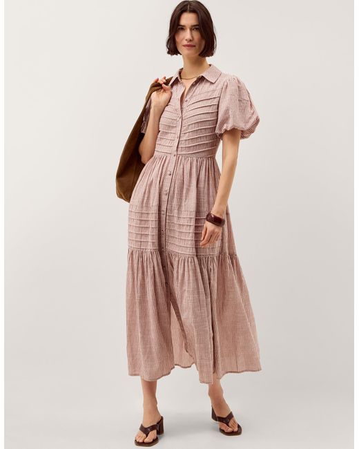 Monsoon Pink Winnie Short Puff Sleeve Stripe Pintuck Pleats Button Up Cotton Midi Dress