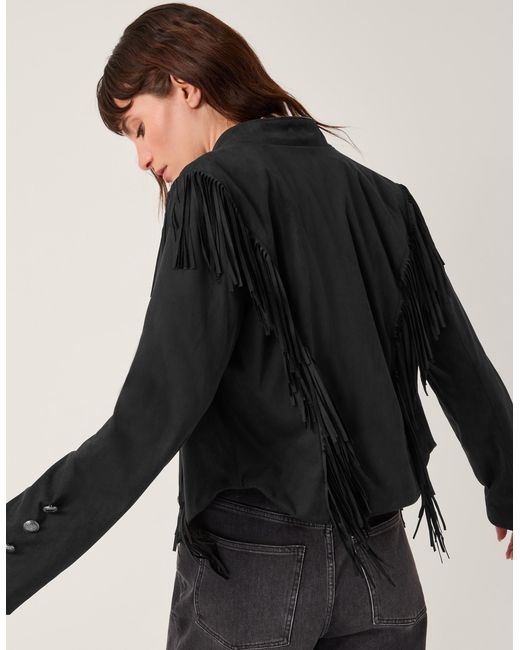 Monsoon Salome Fringe Faux Suede Jacket Black