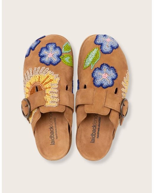 Monsoon Blue Laidback London Handwoven French Knot Embroidered Suede Clogs Tan