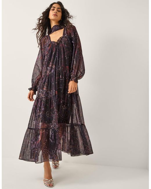 Monsoon Women's Purple & Brown Paisley Print Marianna Tiered Midi Dress, Size: M