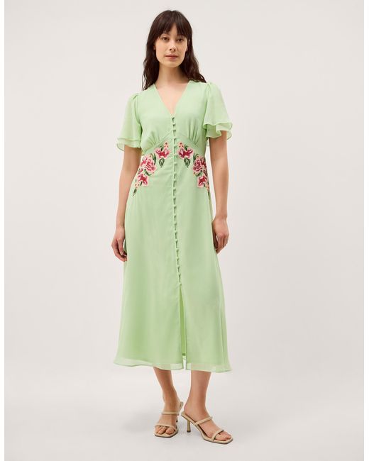 Monsoon Coraline Floral Embroidered Midi Dress Green