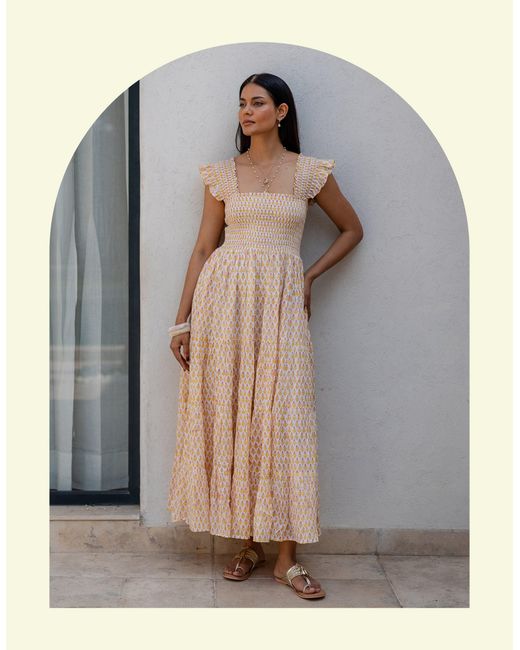 Monsoon Gray Dilli Grey Tara Smocked Block Print Maxi Dress Yellow