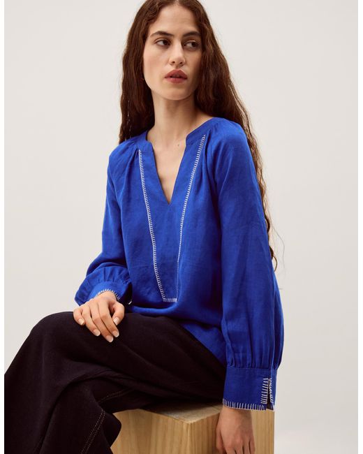 Monsoon Blue Frida V-Neck Linen Blouse