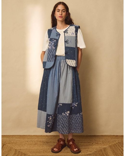Monsoon East Milly Floral Patchwork Midi Skirt Blue