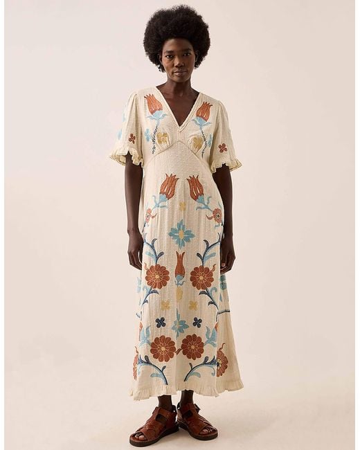 Monsoon Natural East Odeline Embroidered Dress Ivory