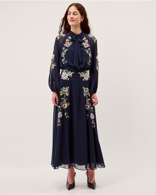 Monsoon Women's Navy Blue & Pink Floral Embroidered Annika Chiffon Midi Dress, Size: 22