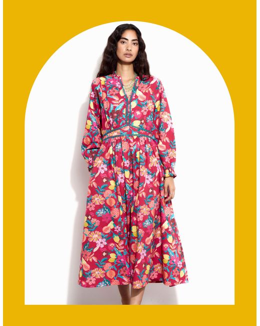 Monsoon White East Fruit And Floral Print Midi Dress Red