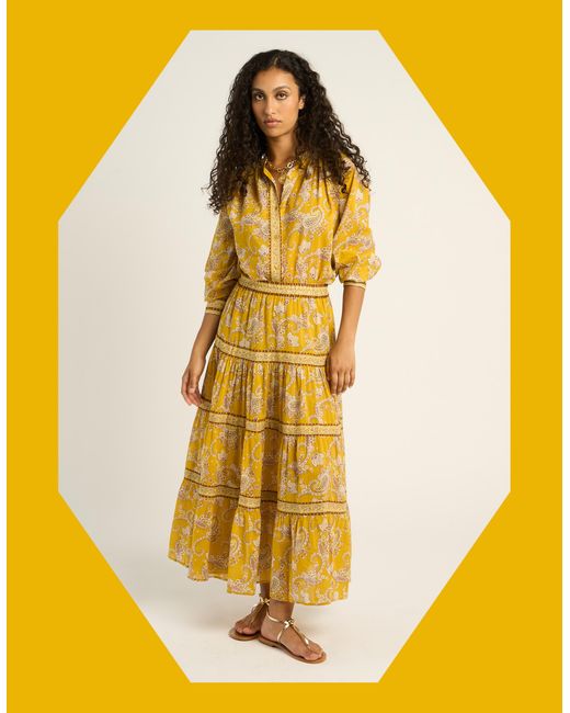 Monsoon Petite Mendigote Jill Paisley Tiered Midi Skirt Yellow