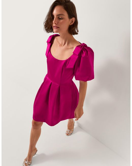 Monsoon Women's Dark Pink Sarai Puff Sleeve Satin Mini Dress, Size: 16