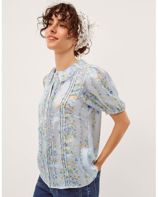 Monsoon Naomi Puff Sleeve Floral Lace Blouse Blue
